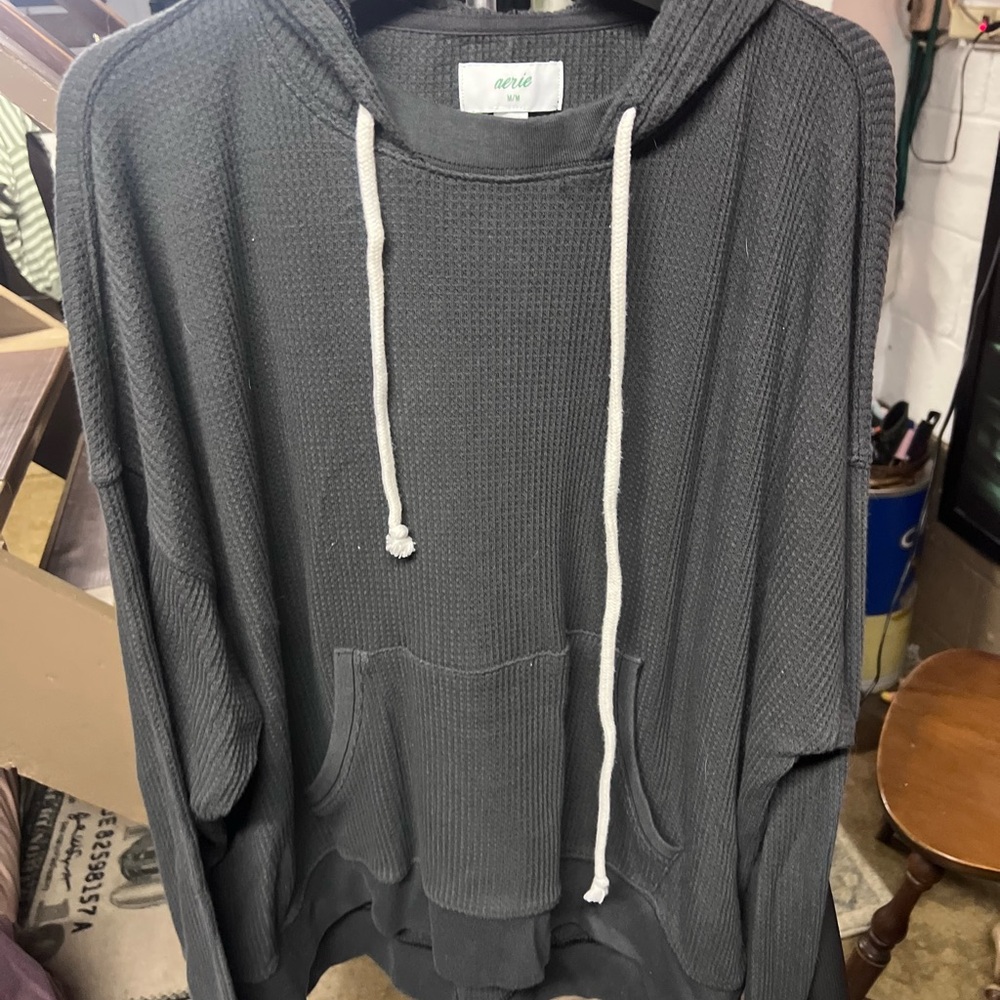 aerie women’s Charcoal Crewneck Waffle Hoodie with White Drawstrings